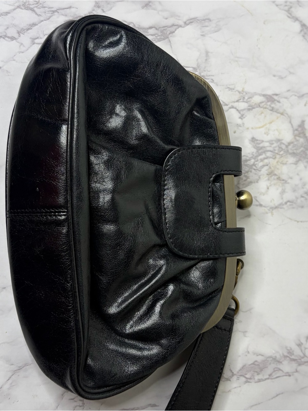 HOBO Black Leather Frame-Top Wristlet Clutch